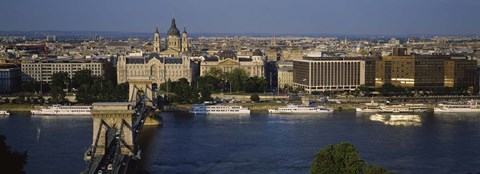 Framed Buildings at the waterfront, Chain Bridge, Danube River, Budapest, Hungary Print