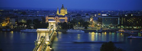 Framed High angle view of a suspension bridge lit up at dusk, Chain Bridge, Danube River, Budapest, Hungary Print