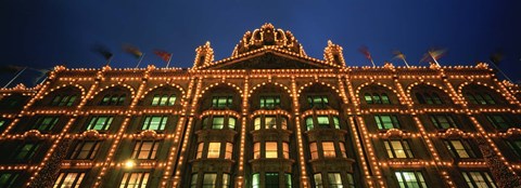 Framed Low angle view of a building lit up at night, Harrods, London, England Print