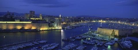 Framed Old Port at dusk, Marseille, Bouches-Du-Rhone, Provence-Alpes-Cote Daze, France Print