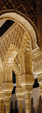 Framed Low angle view of carving on arches and columns of a palace, Court Of Lions, Alhambra, Granada, Andalusia, Spain Print