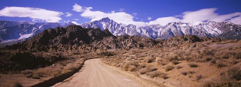 Framed Dirt road passing through an arid landscape, Lone Pine, Californian Sierra Nevada, California, USA Print