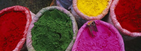 Framed High angle view of various tika powders, Braj, Mathura, Uttar Pradesh, India Print