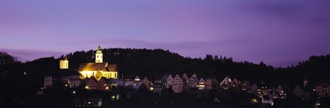 Framed Church lit up at dusk in a town, Horb Am Neckar, Black Forest, Baden-Wurttemberg, Germany Print