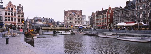 Framed Tour boats docked at a harbor, Leie River, Graslei, Ghent, Belgium Print