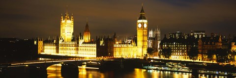 Framed Buildings lit up at night, Westminster Bridge, Big Ben, Houses Of Parliament, Westminster, London, England Print