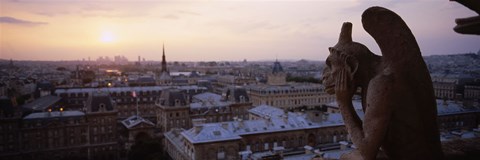 Framed Chimera sculpture with a cityscape in the background, Galerie Des Chimeres, Notre Dame, Paris, Ile-De-France, France Print