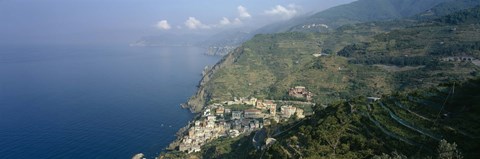 Framed High angle view of a village at the coast, Riomaggiore, La Spezia, Liguria, Italy Print