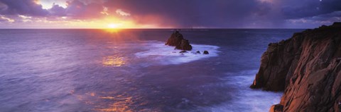 Framed Sunset over the sea, Land&#39;s End, Cornwall, England Print