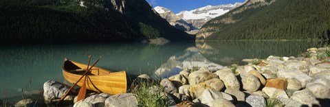 Framed Canoe at the lakeside, Lake Louise, Banff National Park, Alberta, Canada Print
