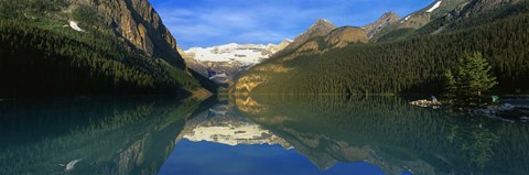 Framed Reflection of mountains in water, Lake Louise, Banff National Park, Alberta, Canada Print