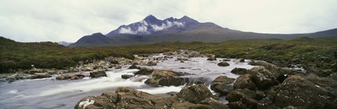 Framed River Sligachan, distant mountain in mist, Glen Sligachan, Isle of Skye, Scotland. Print