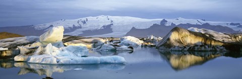 Framed Icebergs on Jokulsarlon lagoon, water reflection, Vatnajokull Glacier, Iceland. Print