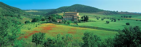 Framed High angle view of a church on a field, Abbazia Di Sant&#39;antimo, Montalcino, Tuscany, Italy Print