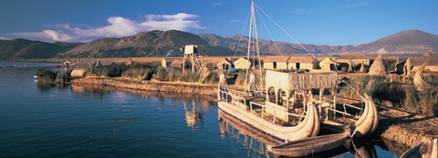 Framed Reed Boats at the lakeside, Lake Titicaca, Floating Island, Peru Print