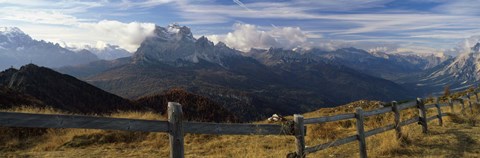 Framed Fence with a mountain range in the background, Mt Rite, Dolomites, Cadore, Province of Belluno, Veneto, Italy Print