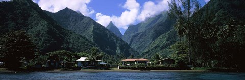 Framed Mountains and buildings on the coast, Tahiti, French Polynesia Print