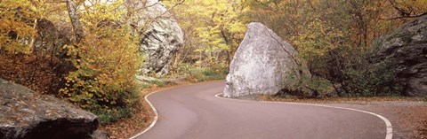 Framed Road curving around a big boulder, Stowe, Lamoille County, Vermont, USA Print