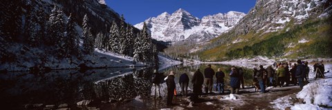 Framed Tourists at the lakeside, Maroon Bells, Aspen, Pitkin County, Colorado, USA Print