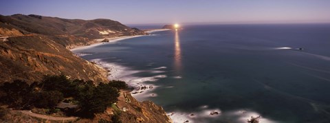 Framed Lighthouse lit up at night, moonlight exposure, Big Sur, California, USA Print