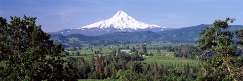 Framed Trees and farms with a snowcapped mountain in the background, Mt Hood, Oregon, USA Print