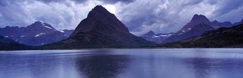 Framed Reflection of mountains in a lake, Swiftcurrent Lake, Many Glacier, US Glacier National Park, Montana (Blue) Print