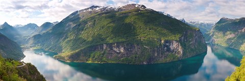 Framed Reflection of mountains in fjord, Geirangerfjord, Sunnmore, Norway Print