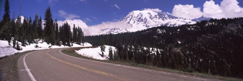 Framed Road with a mountain range in the background, Mt Rainier, Mt Rainier National Park, Pierce County, Washington State, USA Print