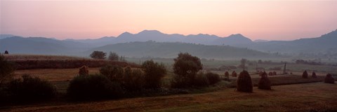 Framed Agricultural field with a mountain range in the background, Transylvania, Romania Print