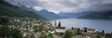 Framed City at the lakeside, Lake Lucerne, Weggis, Lucerne Canton, Switzerland Print
