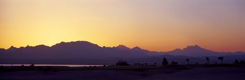 Framed Silhouette of a golf course with Sinai Mountains in the background, The Cascades Golf &amp; Country Club, Soma Bay, Hurghada, Egypt Print