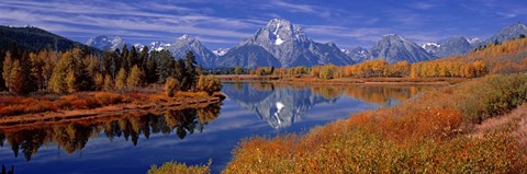 Framed Reflection of mountains in the river, Mt Moran, Oxbow Bend, Snake River, Grand Teton National Park, Wyoming, USA Print