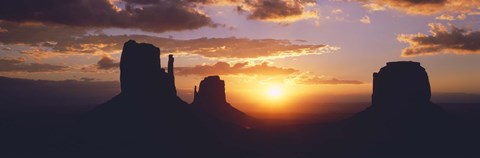 Framed Silhouette of buttes at sunset, The Mittens, Monument Valley Tribal Park, Monument Valley, Utah, USA Print