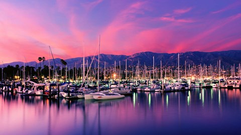 Framed Boats moored in harbor at sunset, Santa Barbara Harbor, Santa Barbara County, California, USA Print