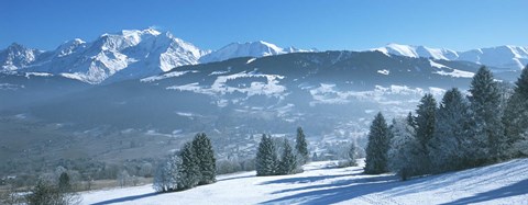 Framed Trees with snow covered mountains in winter, Combloux, Mont Blanc Massif, Haute-Savoie, Rhone-Alpes, France Print