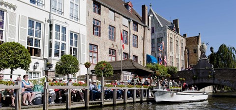 Framed Tourists at the canalside, Bruges, West Flanders, Belgium Print