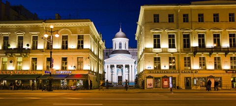 Framed Buildings in a city lit up at night, Nevskiy Prospekt, St. Petersburg, Russia Print