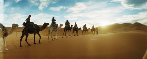 Framed Tourists riding camels through the Sahara Desert landscape led by a Berber man, Morocco Print
