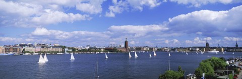 Framed Sailboats in a lake with the city hall in the background, Riddarfjarden, Stockholm City Hall, Stockholm, Sweden Print