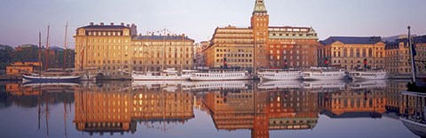 Framed Ferries and Sailboats moored at a harbor, Nybroviken, SAS Radisson Hotel, Stockholm, Sweden Print