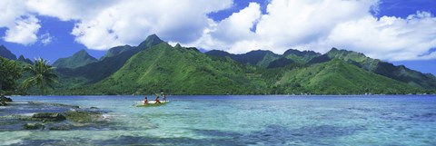 Framed Polynesian people rowing a yellow outrigger boat in the bay, Opunohu Bay, Moorea, Tahiti, French Polynesia Print