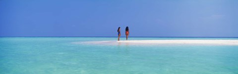 Framed Two women standing on the beach sandbar, Maayafushi Island, Ari Atoll, Maldives Print