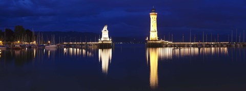 Framed Harbor at Night, Lindau, Lake Constance, Bavaria, Germany Print