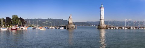 Framed Entrance of the harbor with the Bavarian lion and the lighthouse, Lindau, Lake Constance, Bavaria, Germany Print