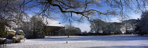 Framed Snow covered village, Crakehall, North Yorkshire, England Print
