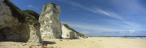 Framed Rock formations on the beach, White Rock Bay, Portrush, County Antrim, Northern Ireland Print