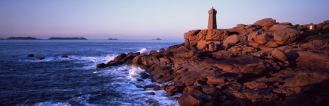 Framed Lighthouse on the coast, Ploumanach Lighthouse, Cote De Granit Rose, Cotes-D&#39;Armor, Brittany, France Print