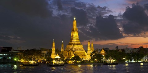 Framed Buddhist temple lit up at dawn, Wat Arun, Chao Phraya River, Bangkok, Thailand Print