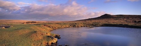 Framed Pond and warm evening light at Sharpitor, Dartmoor, Devon, England Print