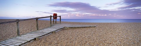 Framed Boardwalk on the beach at dawn, Chesil Beach, Jurassic Coast, Dorset, England Print